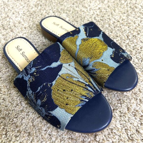 Soft Surroundings Slides Priya Size‎ 8 Brocade Fabric Blue Gold summer preppy - Picture 1 of 6